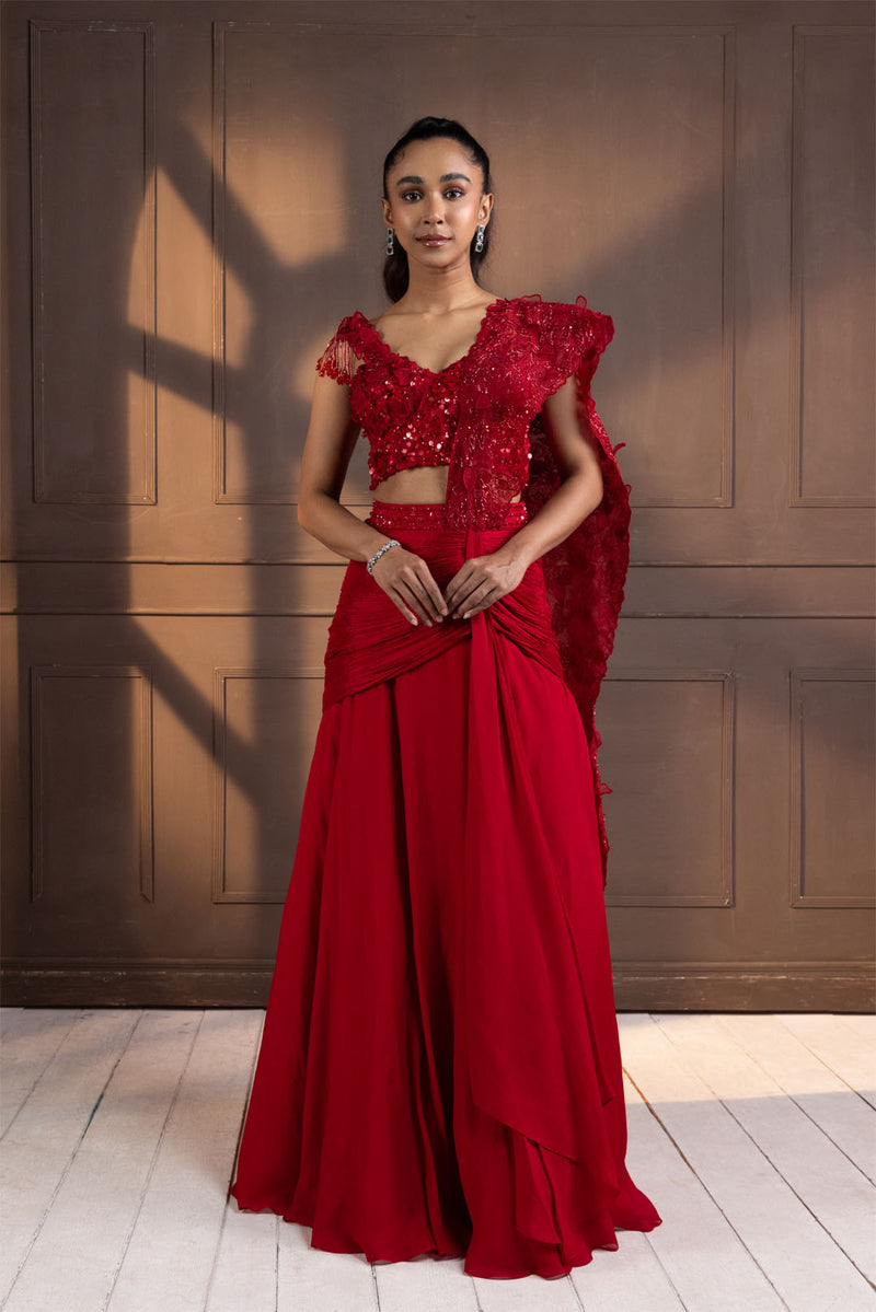 Romantic Red Embellished Drape Saree