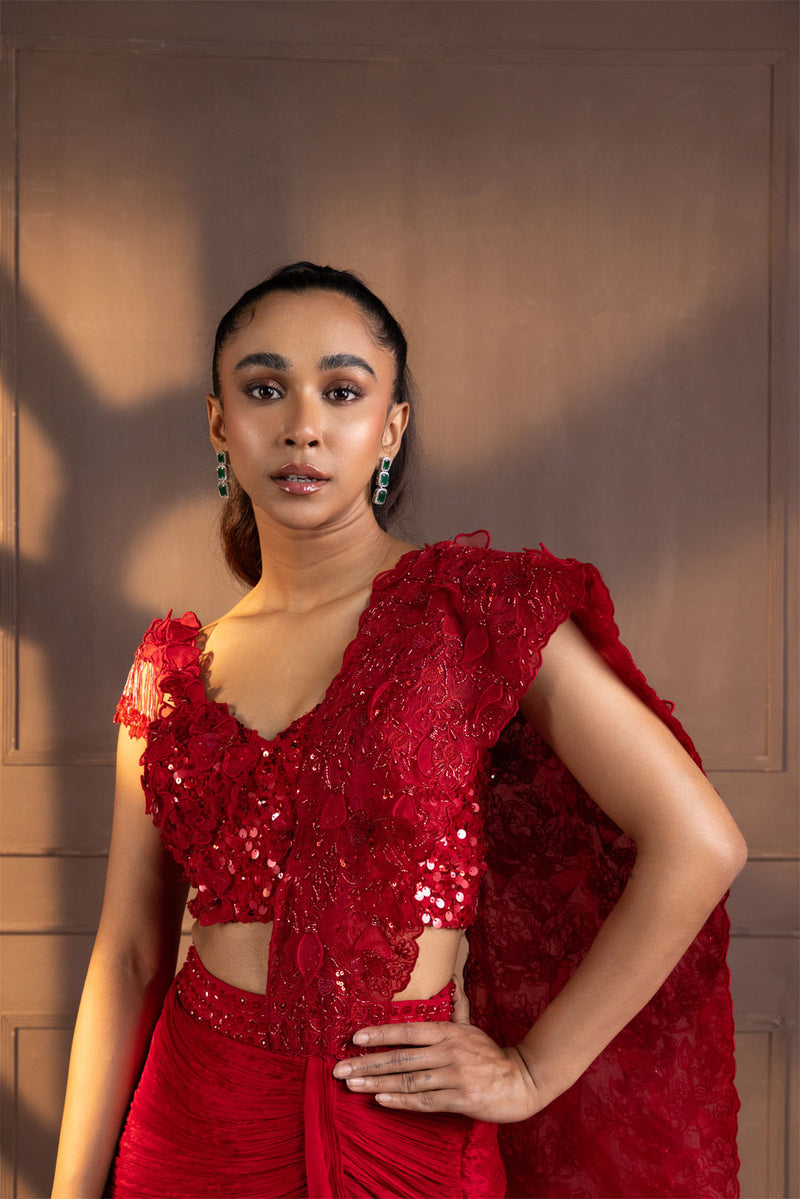 Romantic Red Embellished Drape Saree