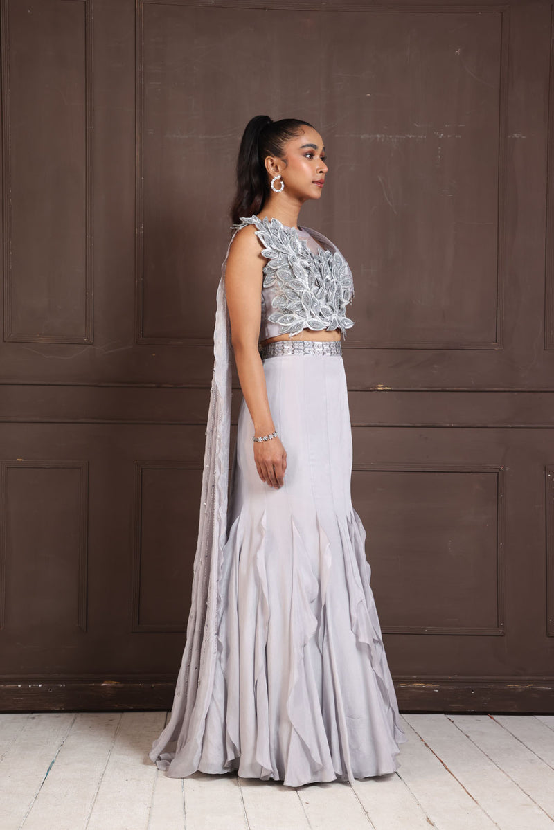 Silver Petal Embellished Lehenga Set