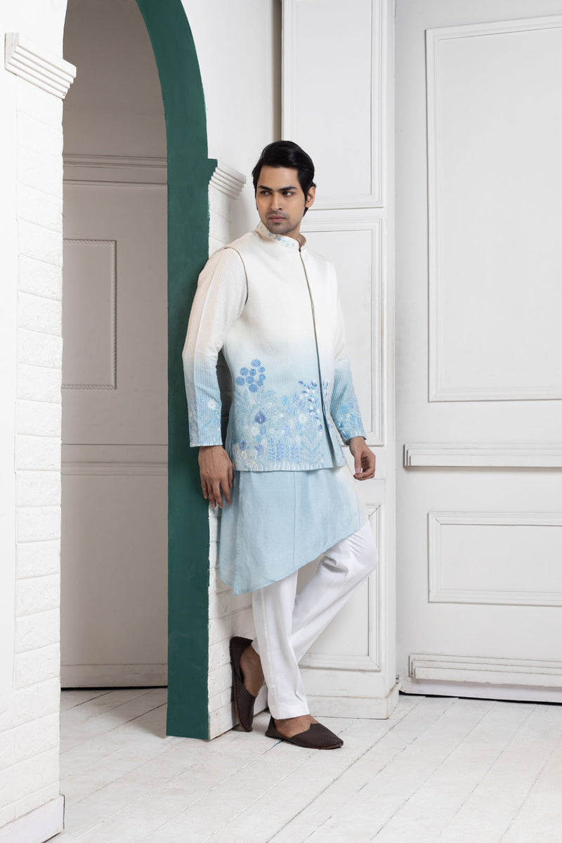 Ivory-Sky Ombre Embroidered Nehru and kurta set