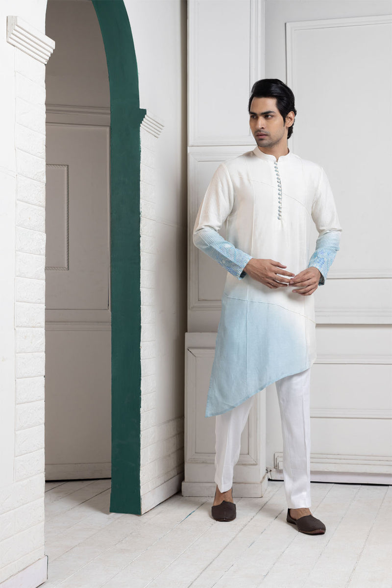 Ivory-Sky Ombre Embroidered Nehru