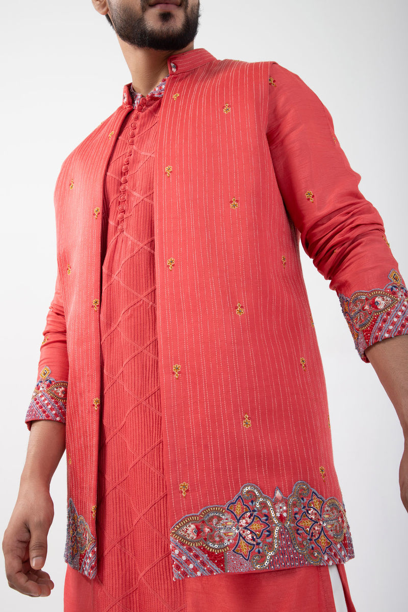 Coral Red Nehru and Kurta Set