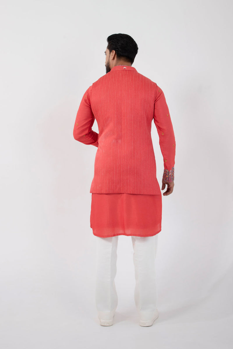 Coral Red Nehru and Kurta Set