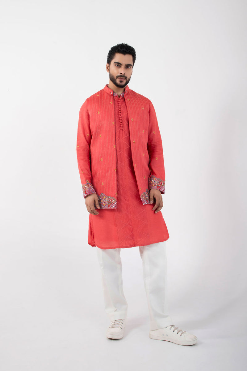 Coral Red Nehru and Kurta Set