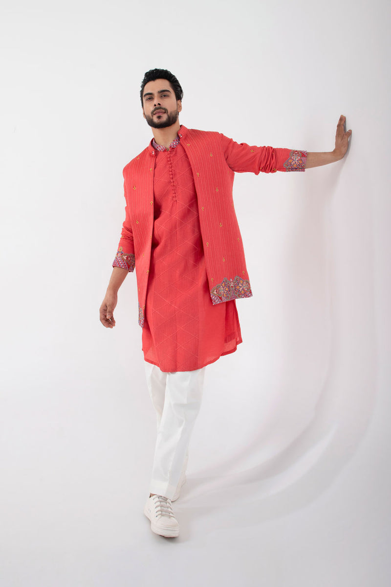 Coral Red Nehru and Kurta Set