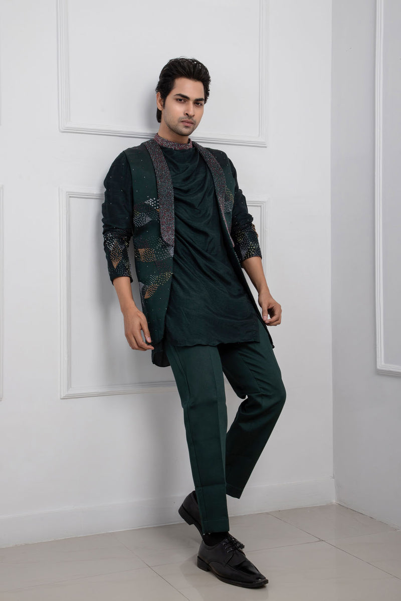 Hidden Forest Green Nehru and Cowl Kurta Set