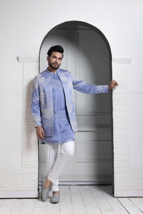 Azure Bloom Embroidered Nehru and Kurta set