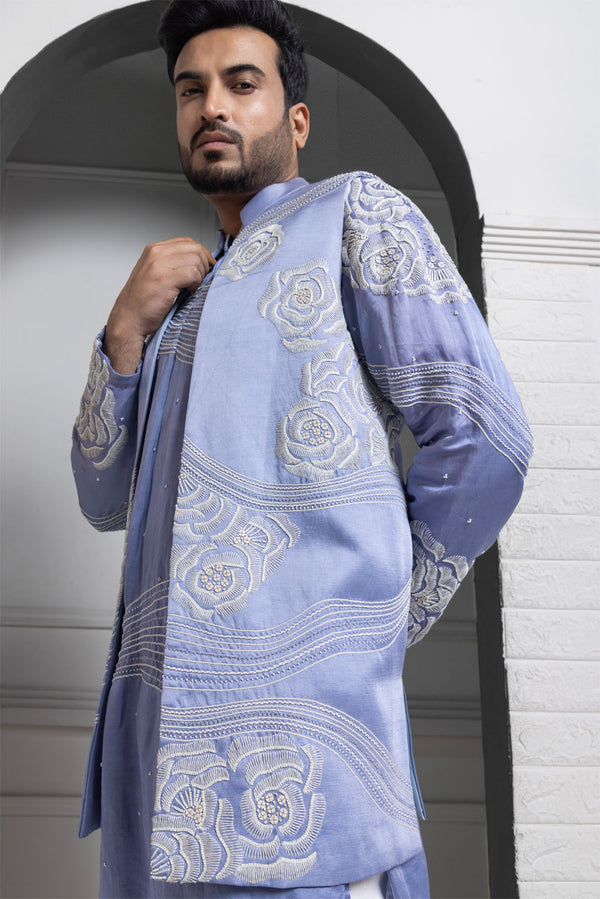 Azure Bloom Embroidered Nehru and Kurta set