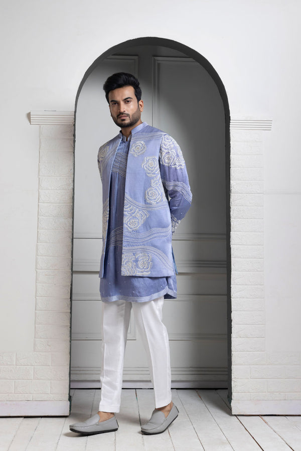 Azure Bloom Embroidered Nehru