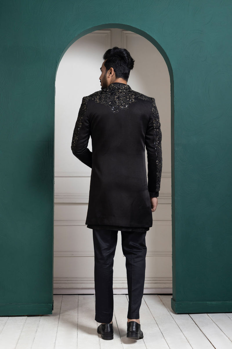 Midnight Black Embroidered Achkan and Kurta set