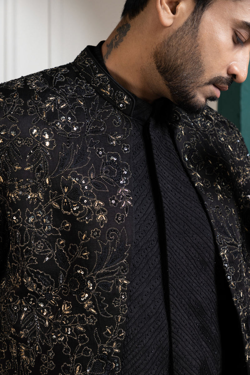 Midnight Black Embroidered Achkan and Kurta set