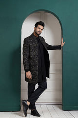 Midnight Black Embroidered Achkan and Kurta set