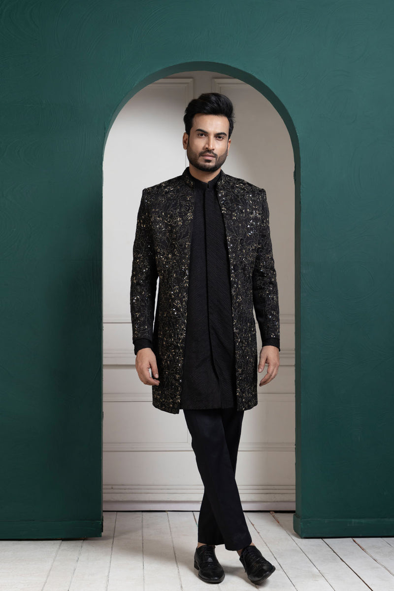 Midnight Black Embroidered Achkan and Kurta set