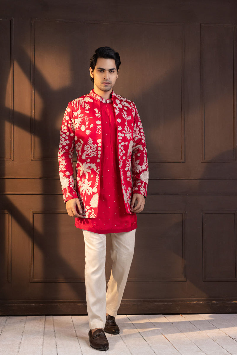 Crimson Palm Grove Embroidered Nehru and kurta Set