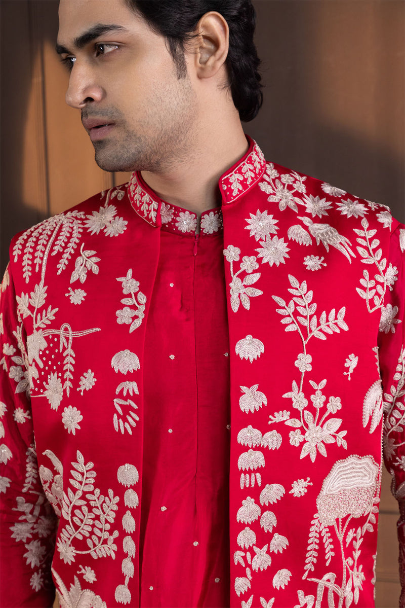 Crimson Palm Grove Embroidered Nehru and kurta Set