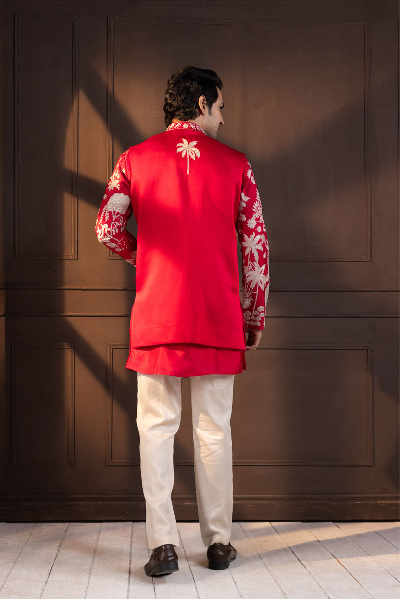 Crimson Palm Grove Embroidered Nehru and kurta Set