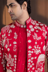 Crimson Palm Grove Embroidered Nehru Jacket