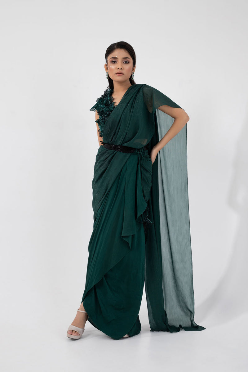 Emerald 3d Floral Blouse and Drape Saree Set