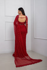 Ruby Red Embellished Drape Saree Set