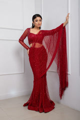 Ruby Red Embellished Drape Saree Set