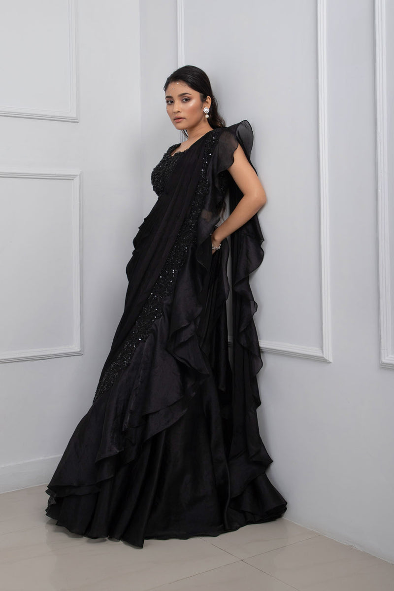 Nova Black Drape Saree Set