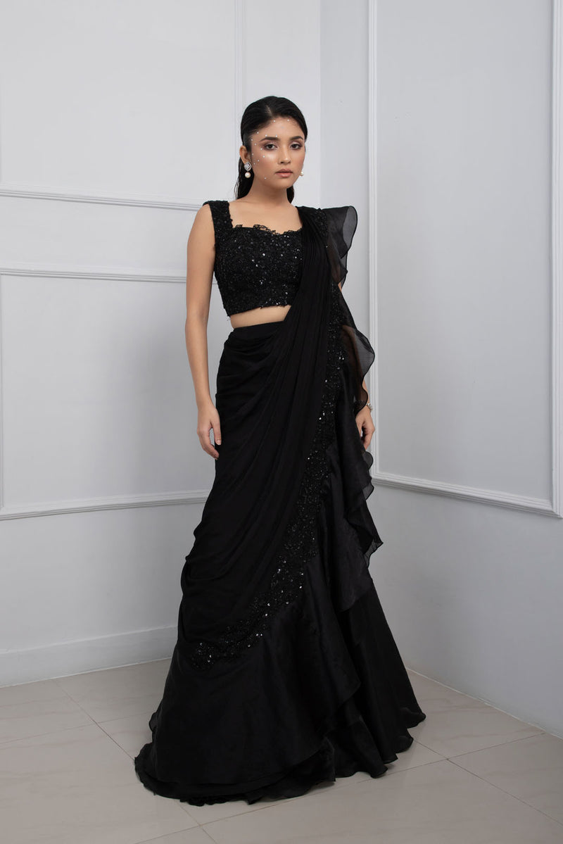 Nova Black Drape Saree Set