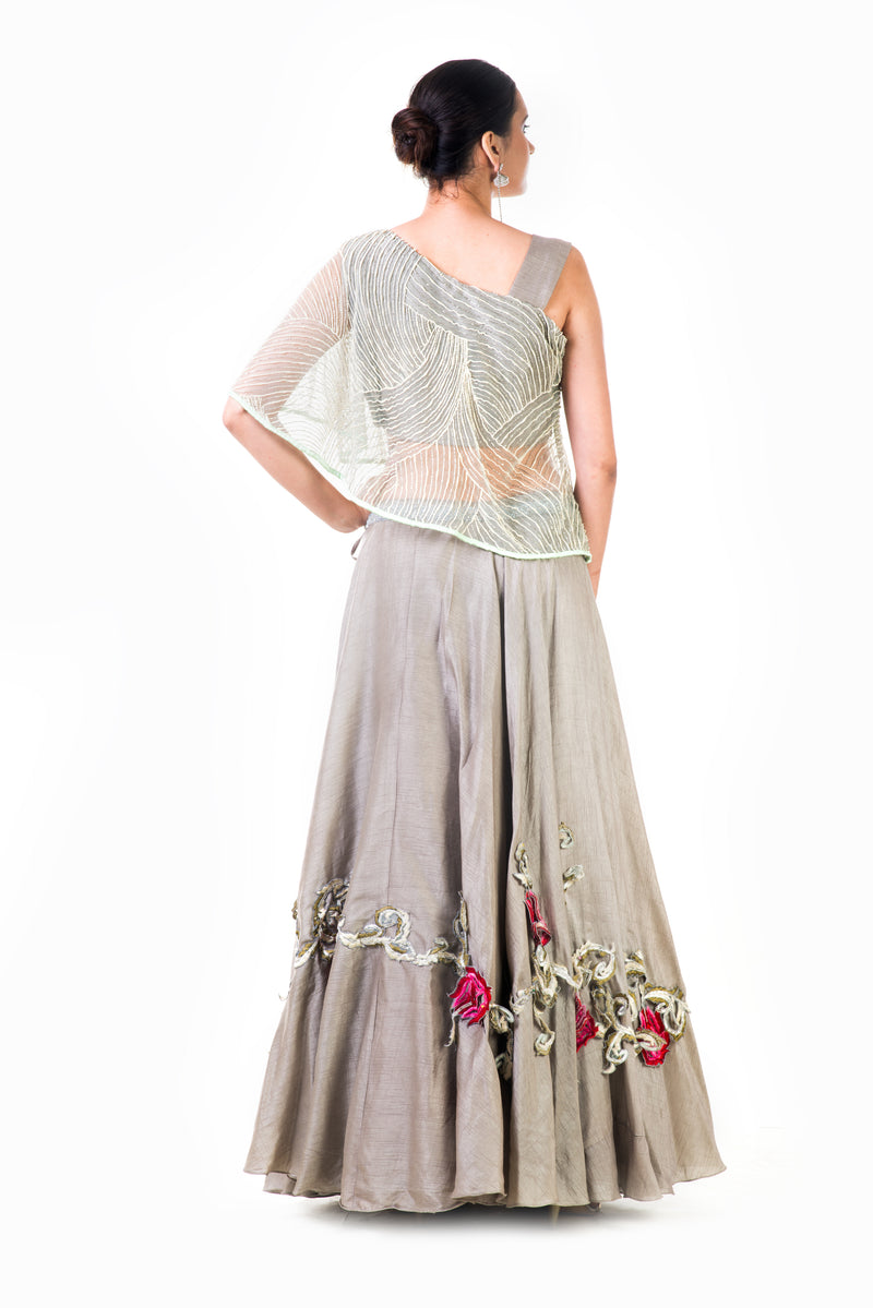 Silver Navy Glam Lehenga With One Shoulder Blouse - Shrena Hirawat-  Fabilicious Fashion