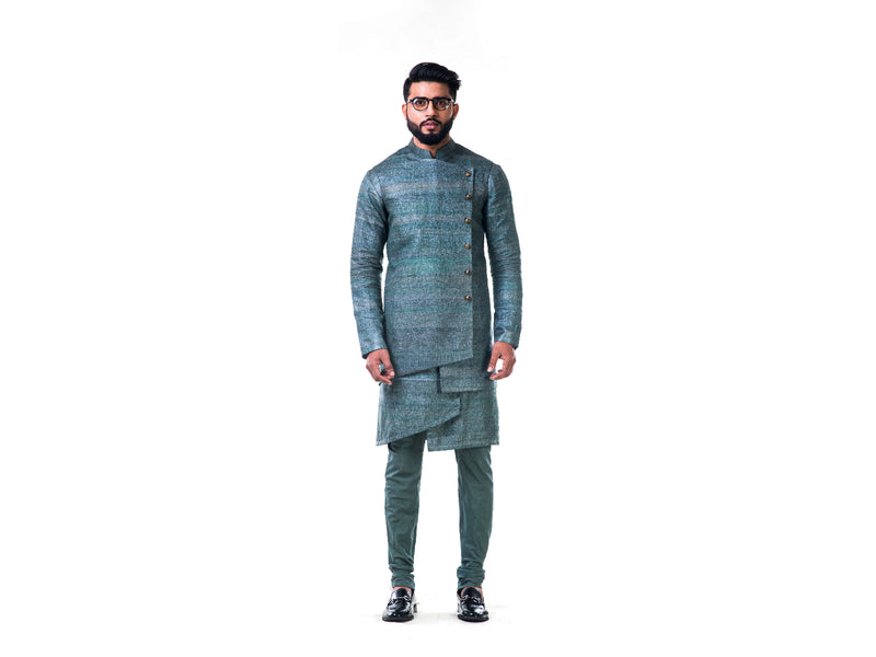 Green Overlapped Ghicha Kurta & Jacket Set