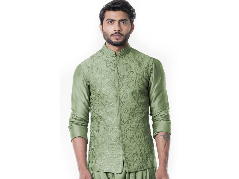 Pistachio Green Cowl Kurta with Full Embroidered Pistachio Green Waist Coat set