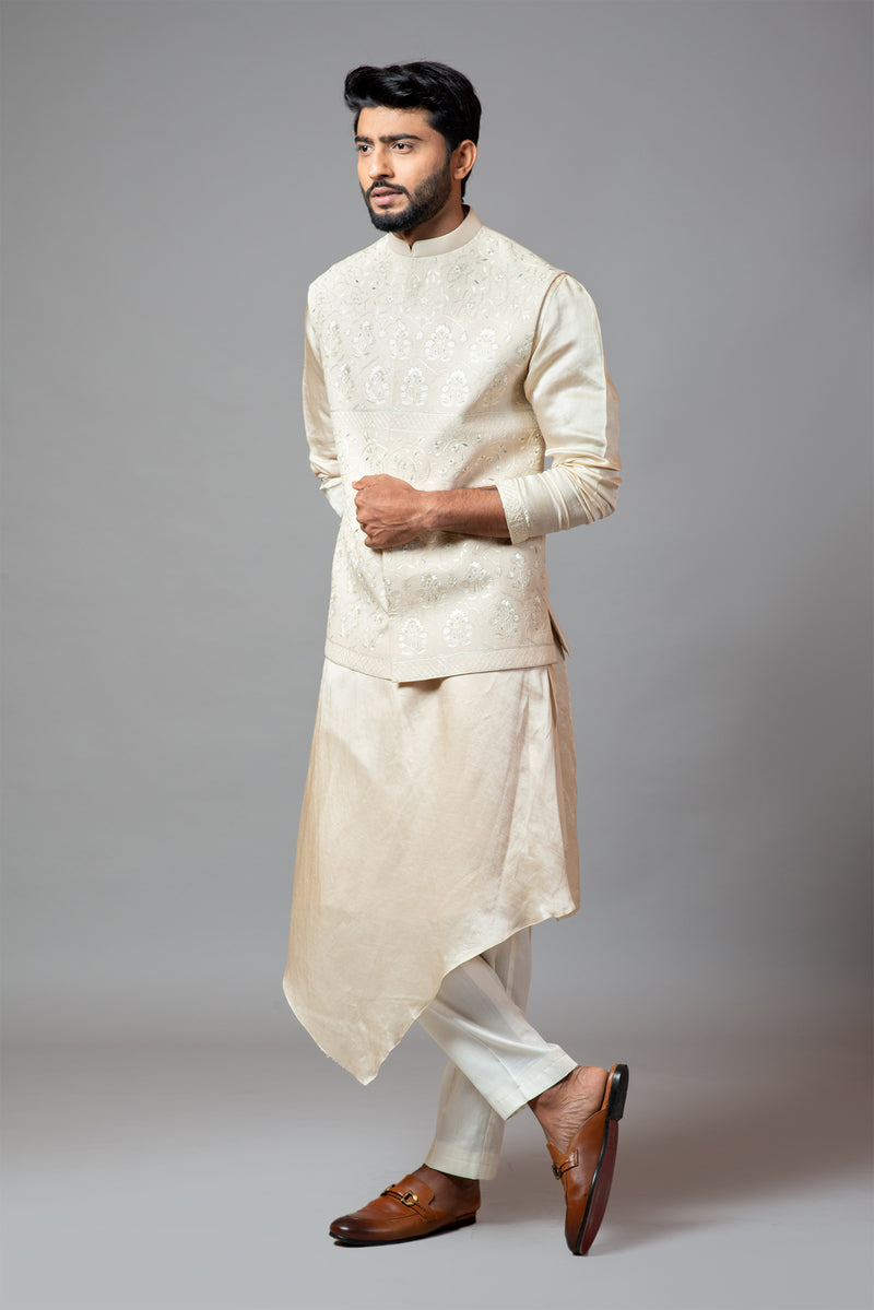 Cream Kora fully Embroidered Nehru Paired With Drape Kurta And Pant Pajama Set