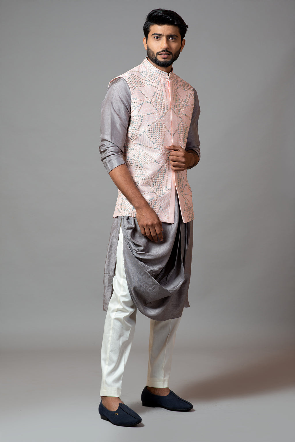 Men's Light Pink plain Kurta with Light Pink Nehru Jacket and White Pyjama  Set - Sanwara Fashions - 3504599